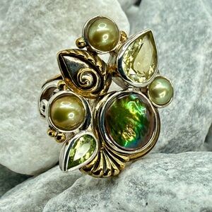 Margaret Thurman Echo of a Dreamer Pearl Peridot Abalone Ring Sterling Size 7